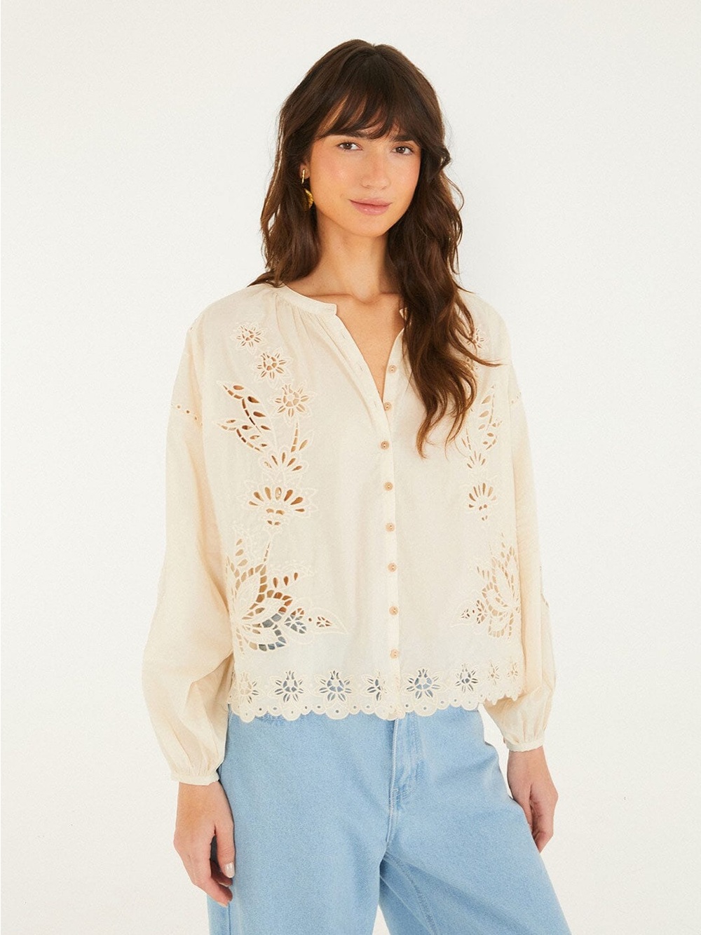 FARM Rio Soft Pink Artisanal Long Sleeve Blouse (Cream color)